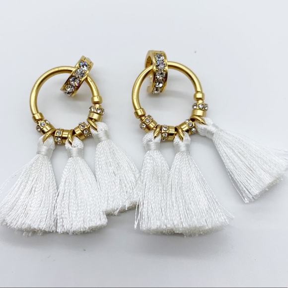 J. Crew Crystal Pave White Tassel Earrings - Picture 3 of 7